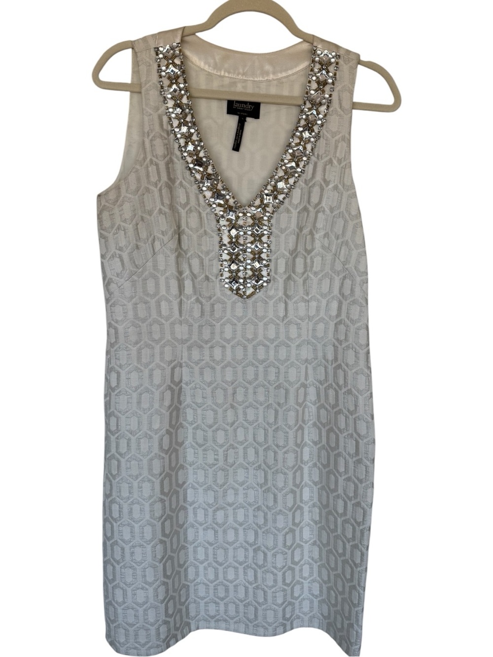 Laundry by Shelli Segal Ivory Embellished V-Neck Sheath Dress